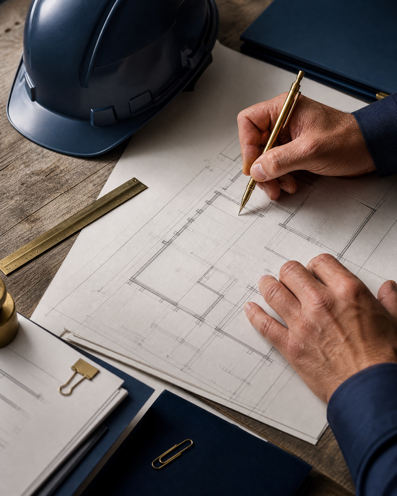 Contractor marking architectural plans beside a navy hard hat