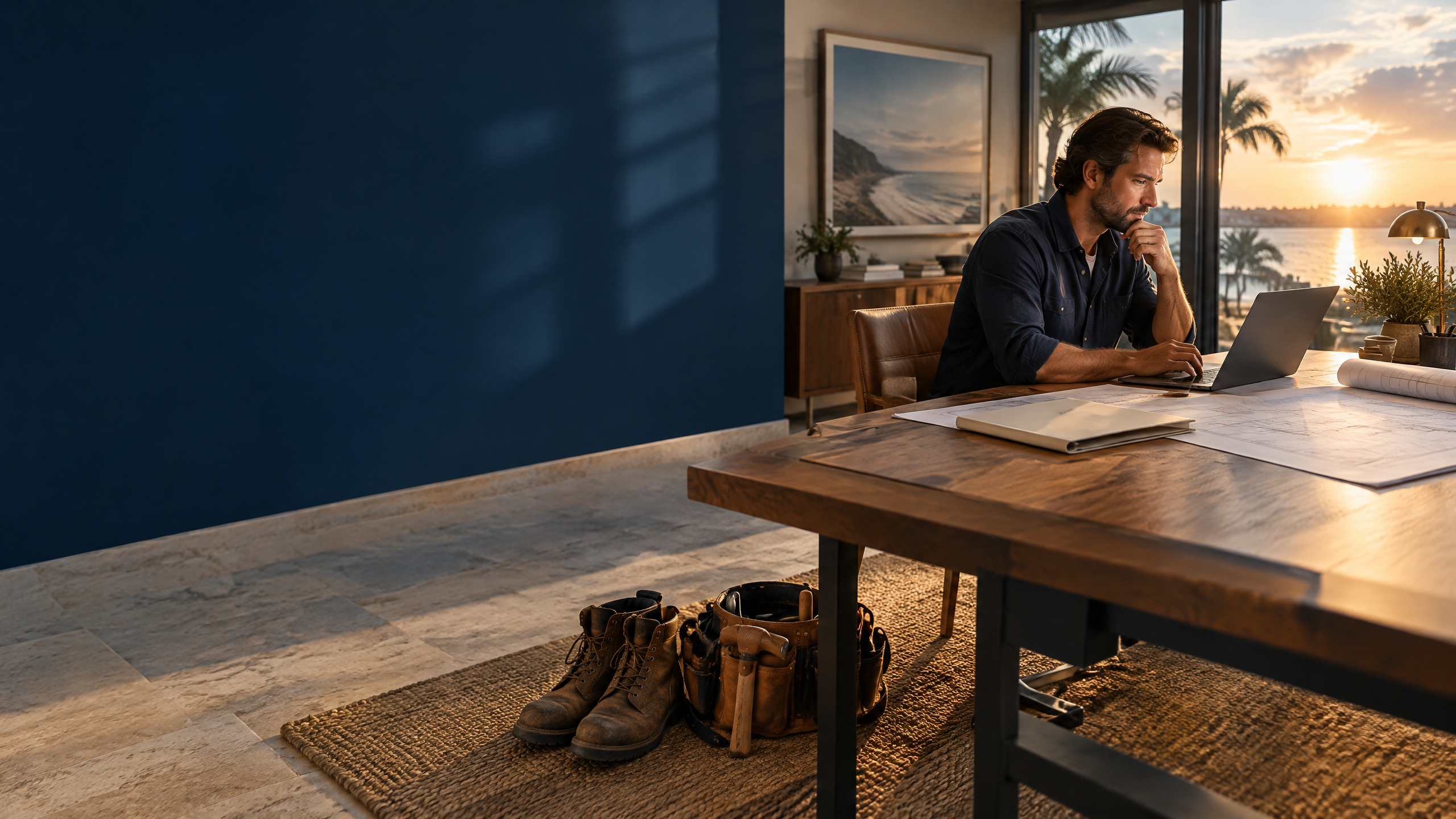 Self-employed Florida contractor reviewing a laptop, project plans, and an unlabeled benefits summary at a dawn-lit worktable beside unused work boots and a tool belt