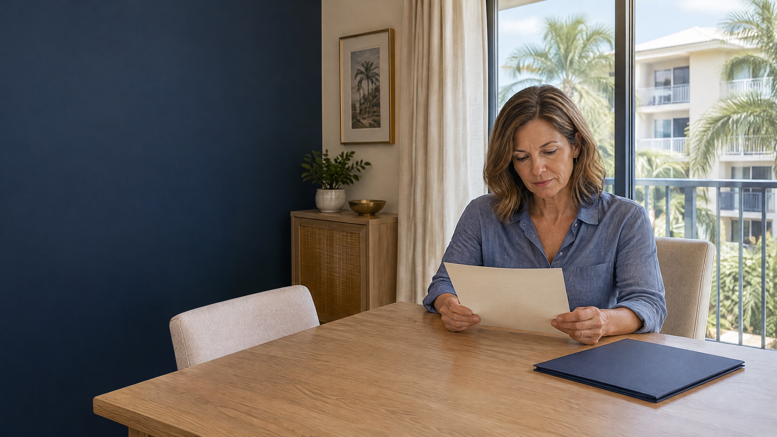 Florida condo owner in a slate-blue linen shirt reading a blank cream assessment letter at a light oak table beside a closed navy folder, with closed balcony glass, a neighboring pale condominium and palms in warm morning light