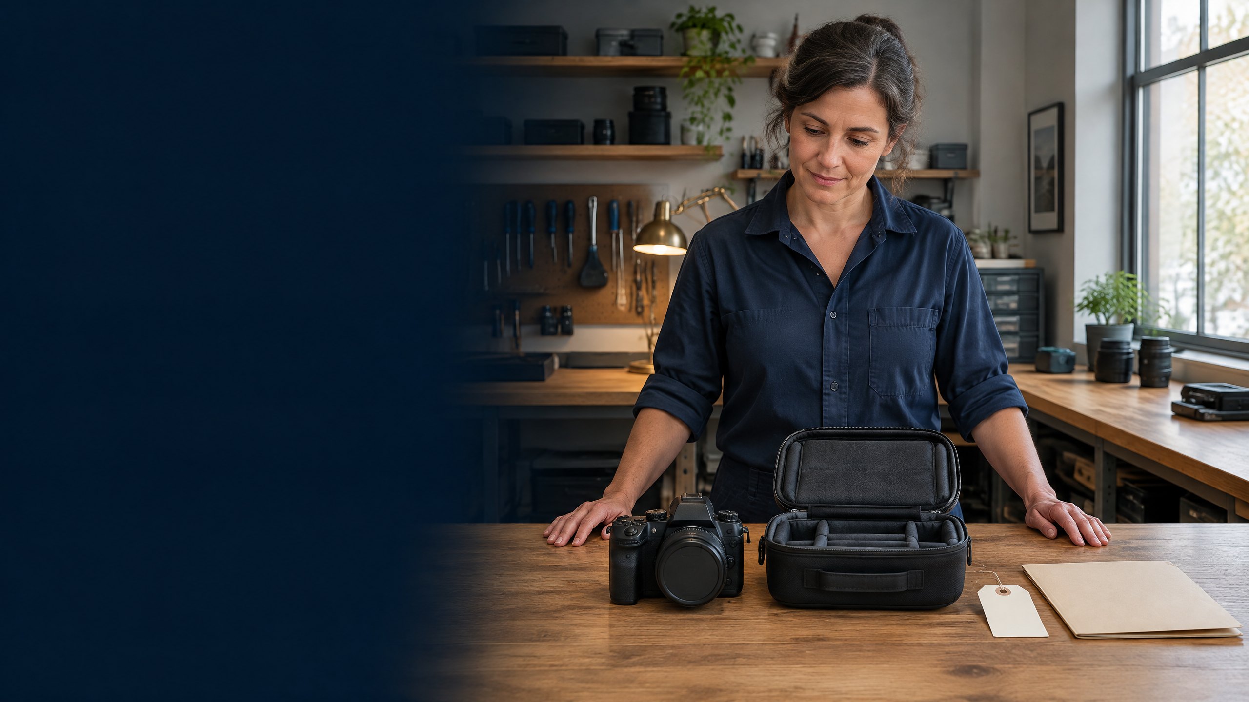 A repair-shop owner stands beside an unbranded customer camera and padded case on a tidy workbench.