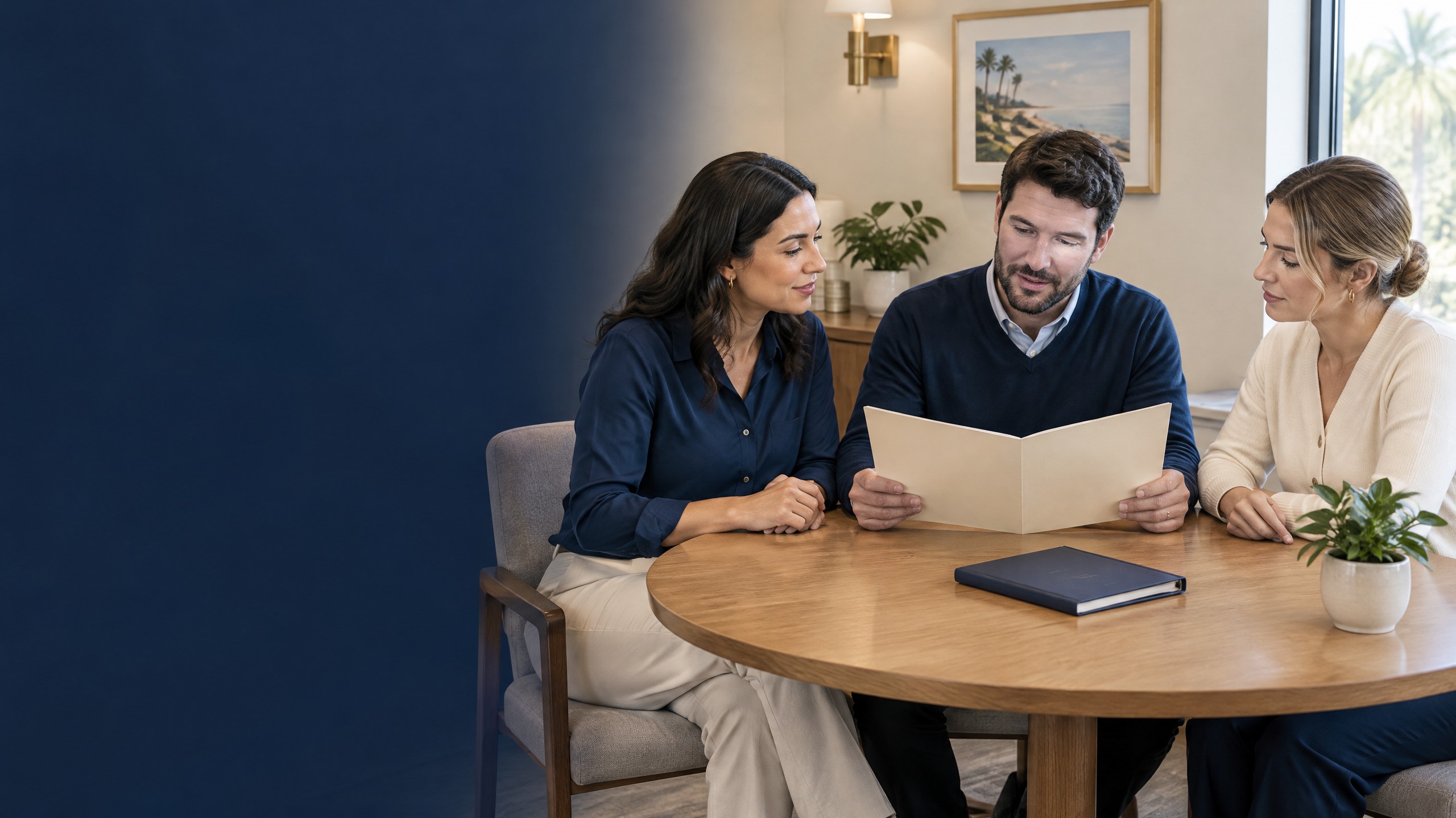 Three adult colleagues, two women and a man, calmly discussing workplace policies around a small round oak table in a warm cream Florida office, beside a plain cream folder and closed navy handbook in soft morning light