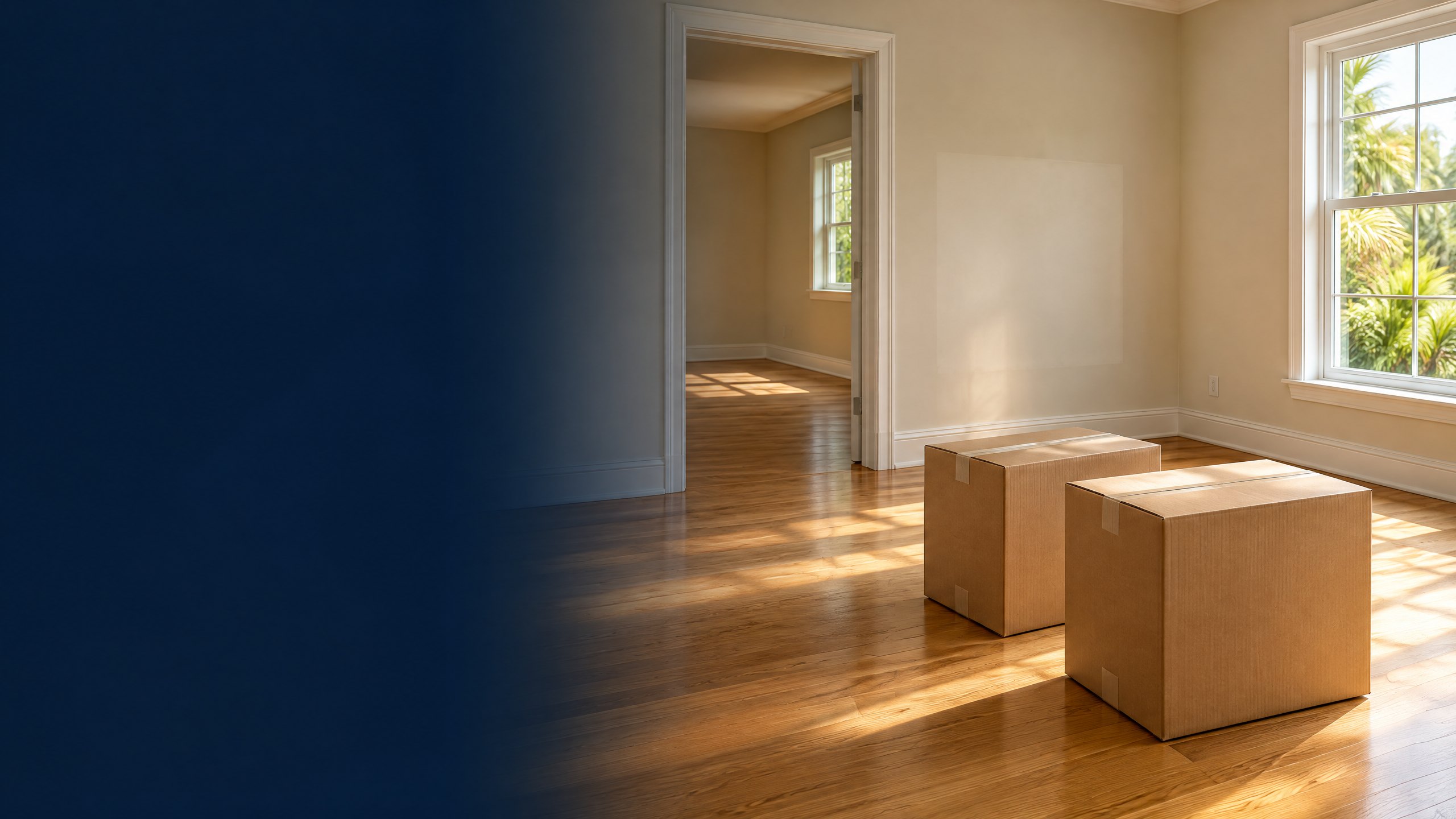 Warm morning light falls across an almost-empty living room with two closed moving boxes near a doorway.