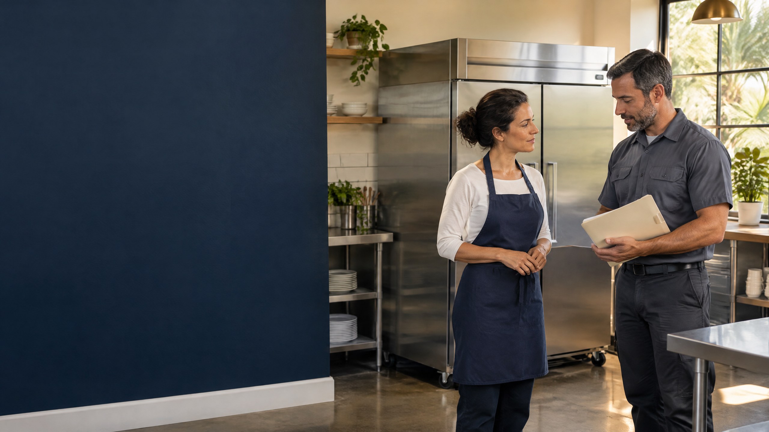 Florida cafe owner in a navy apron and refrigeration technician in a slate work shirt discussing a closed stainless-steel commercial refrigerator, with a plain cream maintenance folder and warm morning window light in a clean modest kitchen