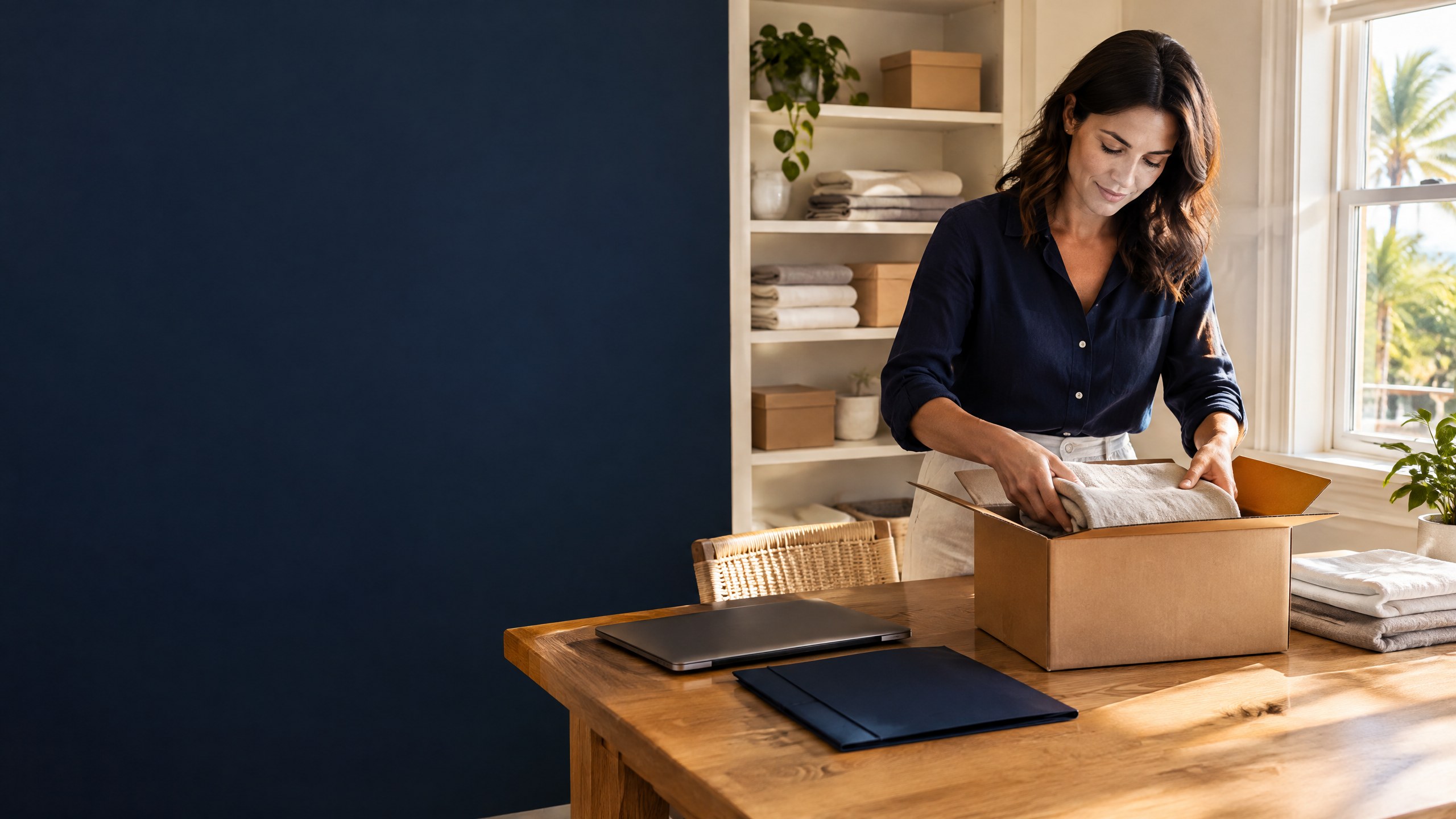 Florida home-business owner folding neutral linen into an unbranded kraft box at an oak worktable in a tidy residential studio, beside a closed laptop and navy folder, with textile shelves and palms in warm morning light
