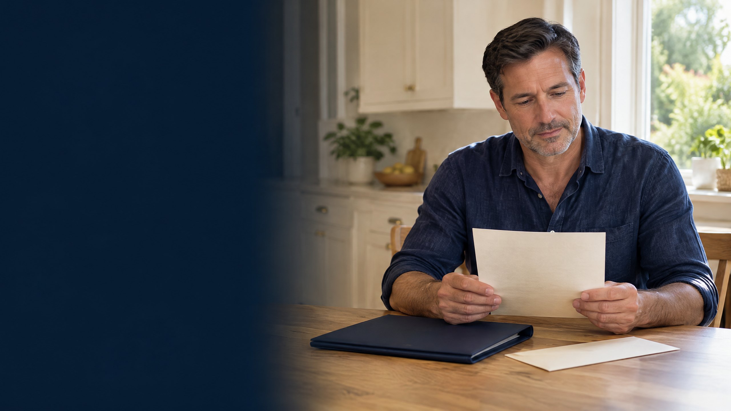 A homeowner reviews a paper notice beside a closed insurance folder at a kitchen table.