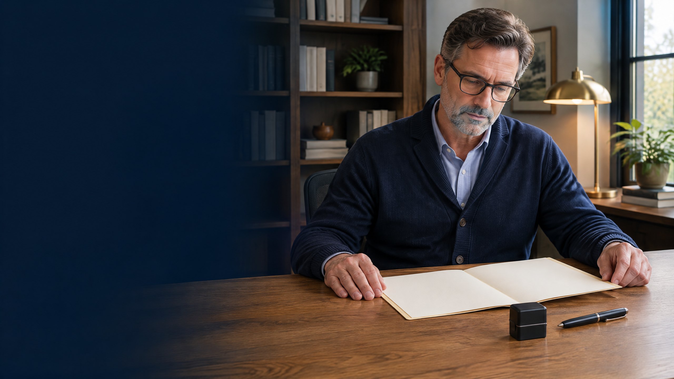 A professional reviews a blank folder beside a covered stamp and capped pen at an orderly office desk.