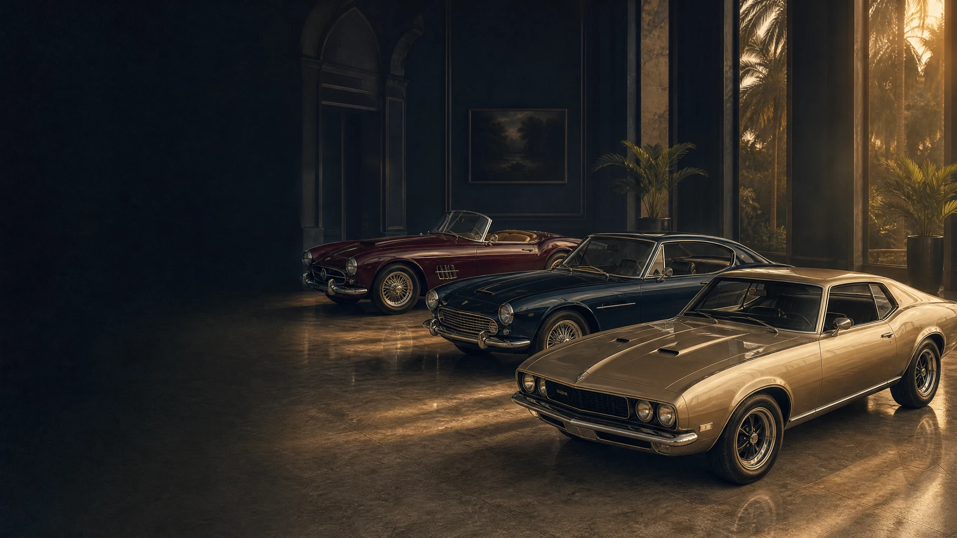 Three vintage collector cars displayed in an archival motor gallery