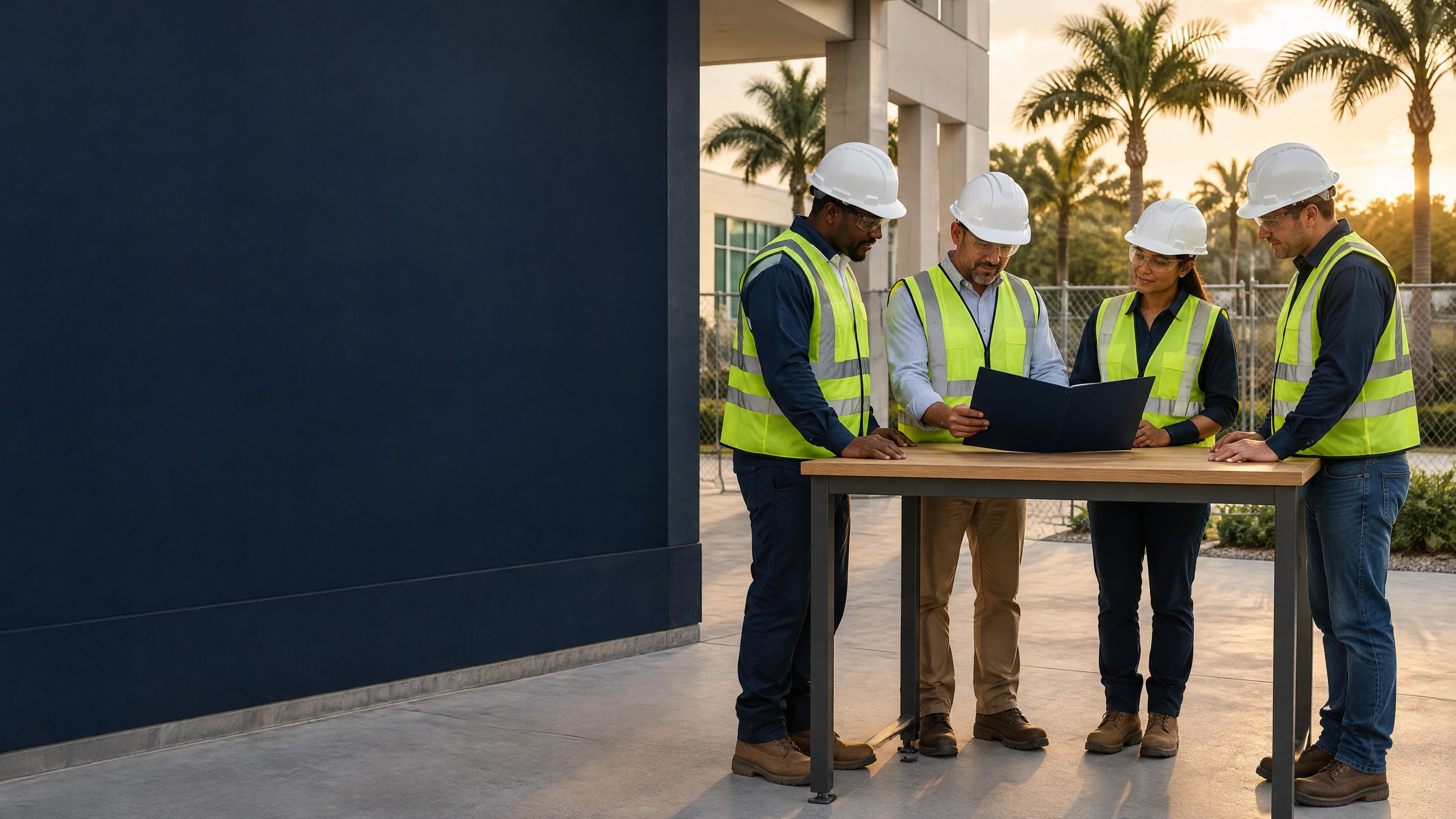 South Florida contractor and subcontractor supervisor reviewing an unreadable navy folder at a ground-level site table with two crew members, all wearing hard hats, safety glasses, high-visibility vests, long trousers and work boots at sunrise