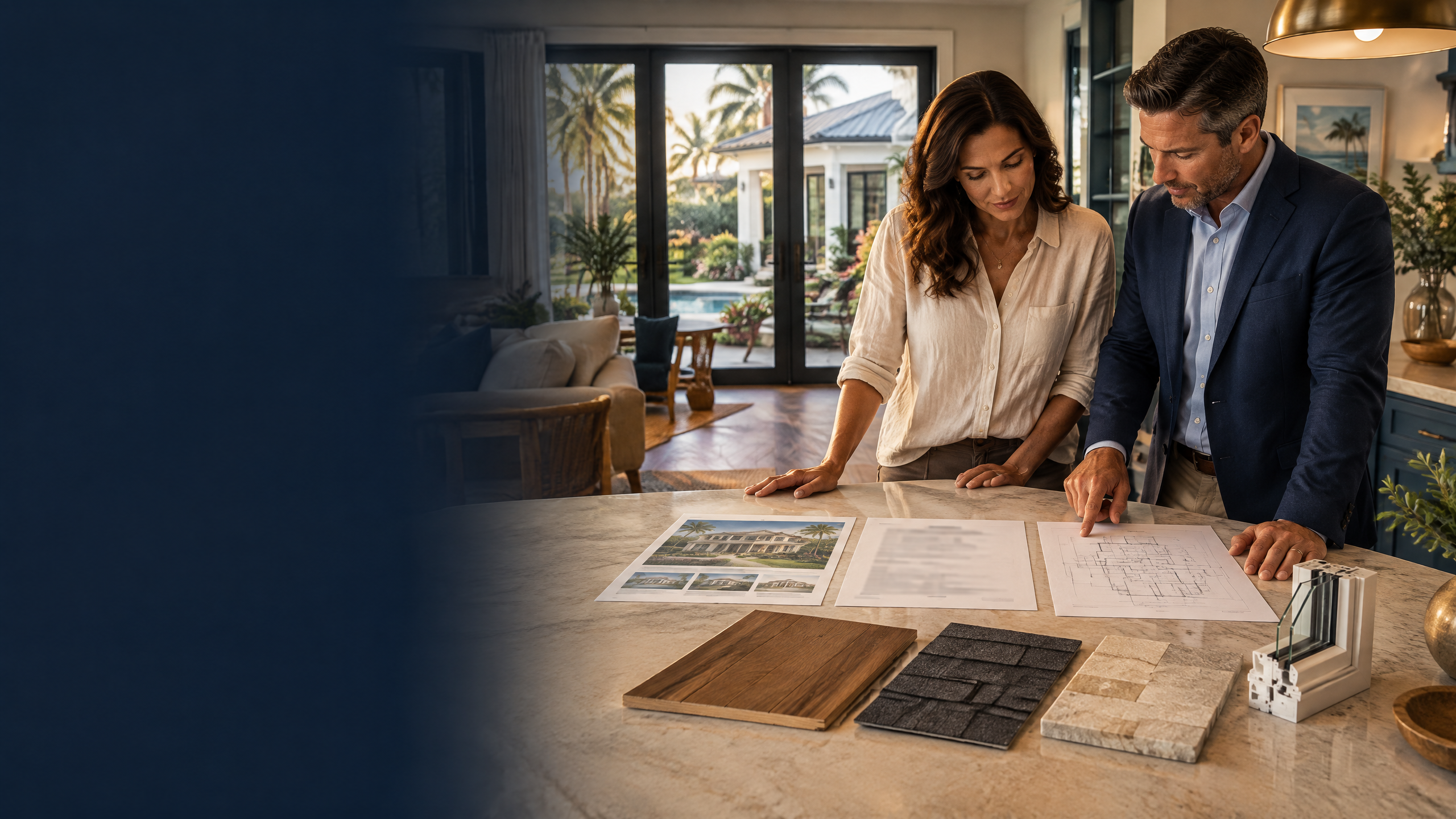 Homeowner and insurance adviser comparing an unlabeled home listing, private mortgage document, reconstruction plans, and building material samples