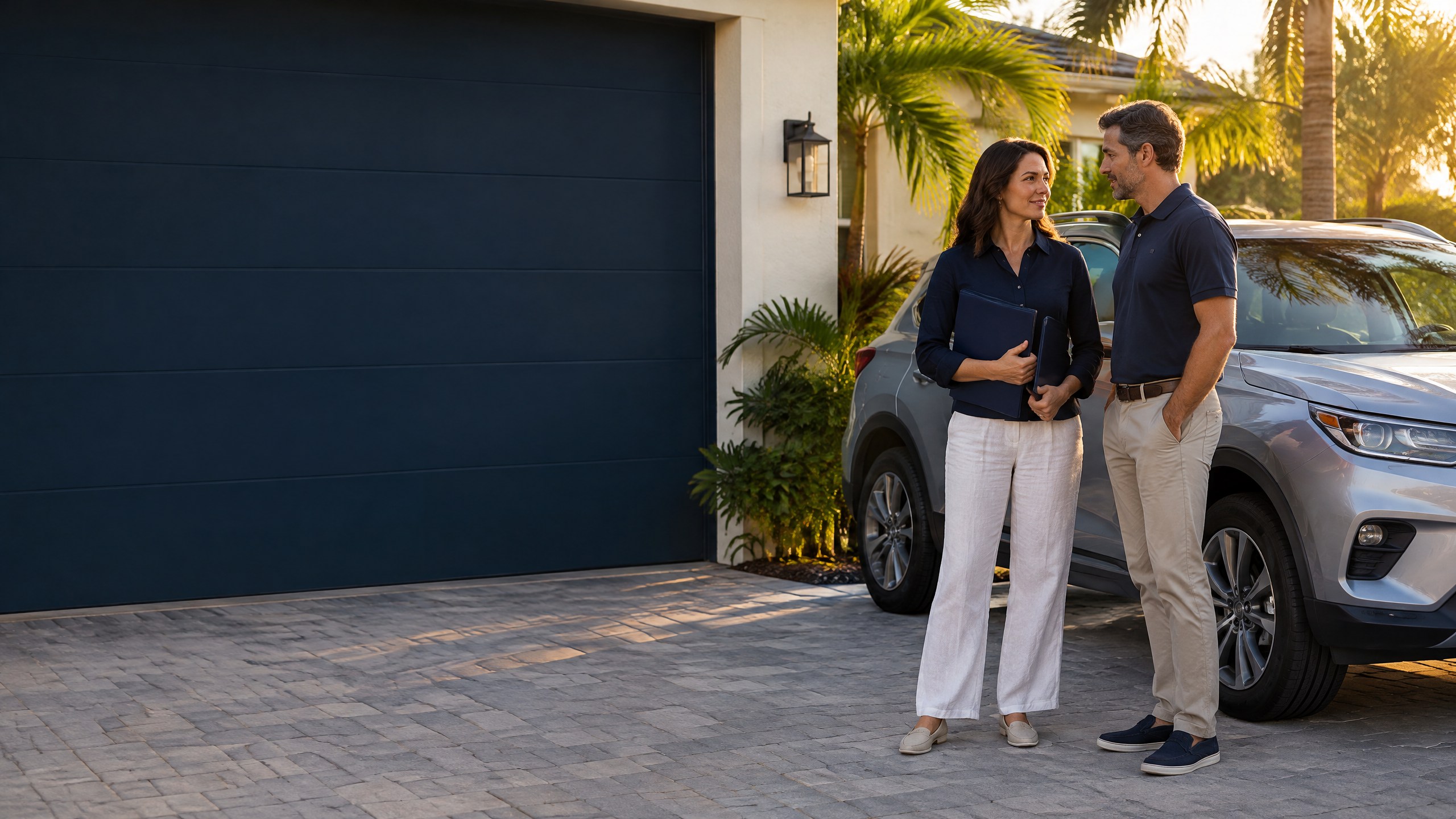 Two adults calmly discussing their coverage beside an undamaged unbranded silver SUV in a modest South Florida driveway, one holding a closed navy folder, with cream stucco and palms in warm morning light