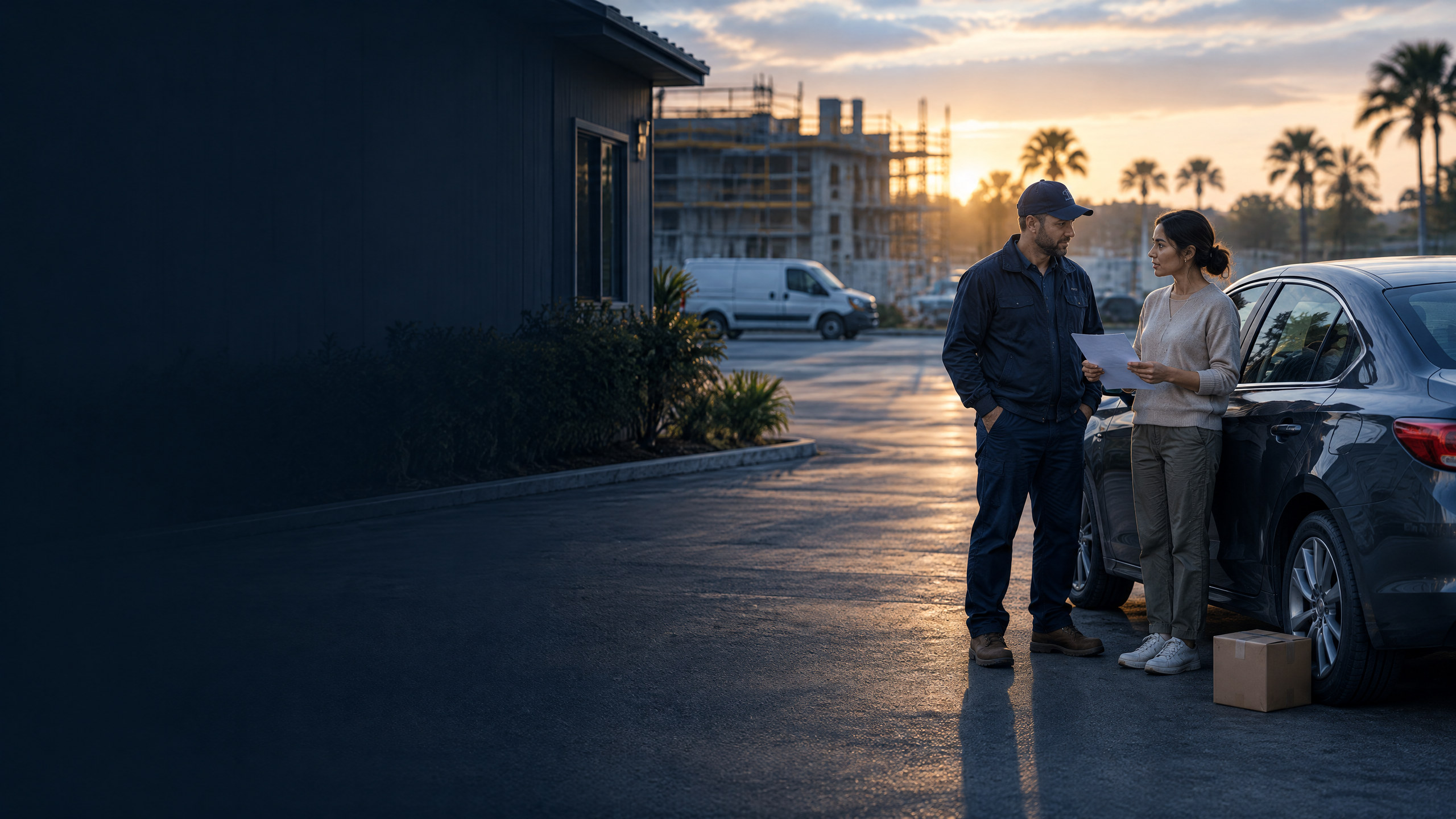 Florida contractor manager and employee discussing a work errand beside an unbranded personal sedan at dawn, with a sealed parts box and a distant rental van